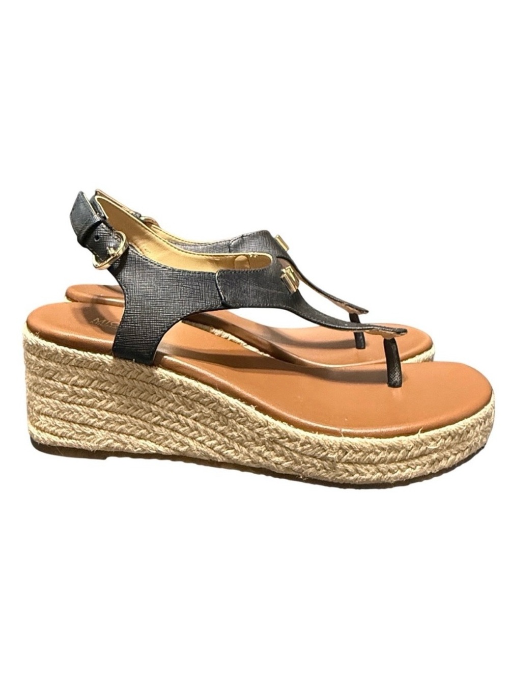Michael Michael Kors Thong Wedge Espadrille Sandals MK Logo Black Espadrilles 7‎
